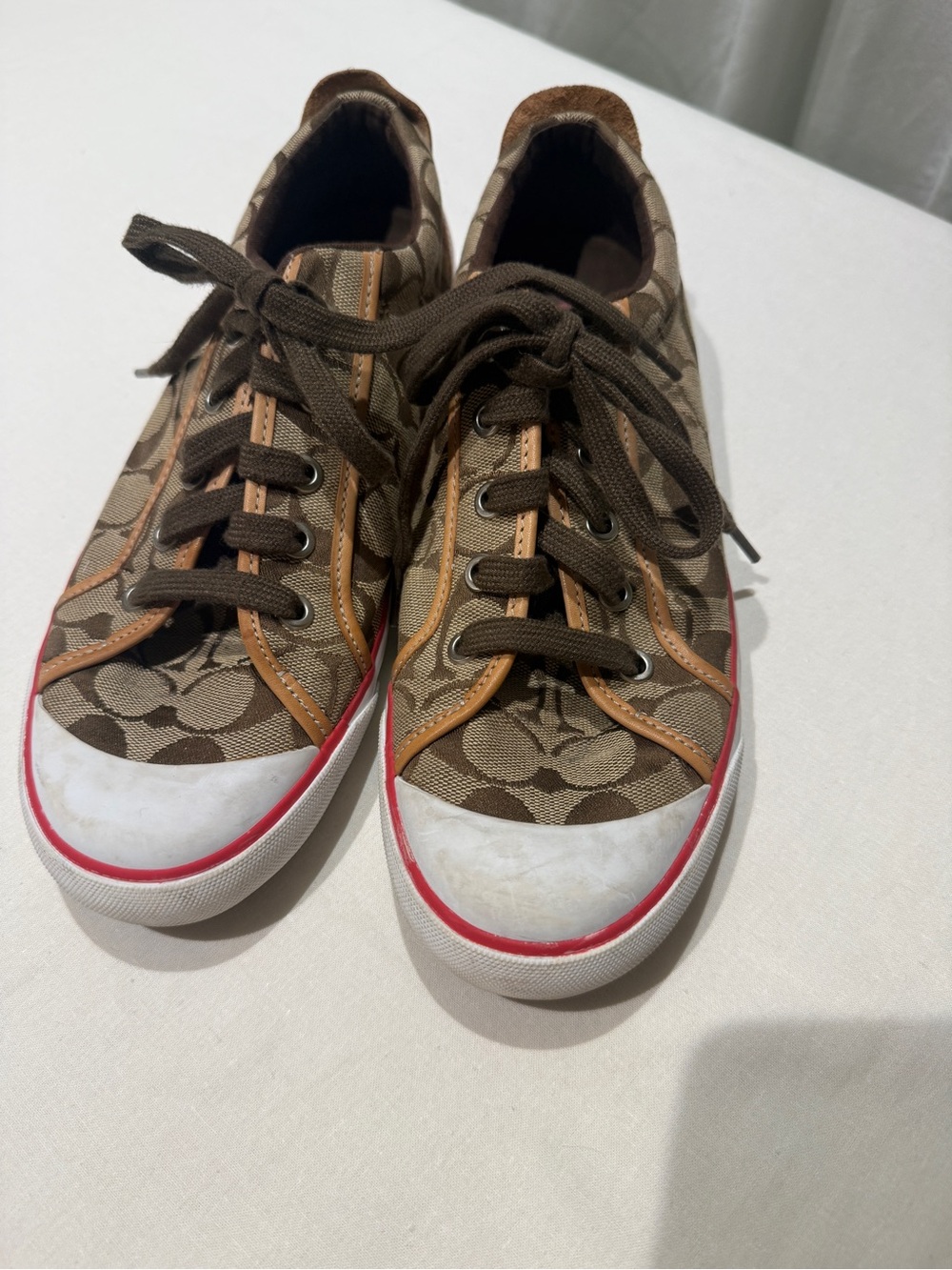 Coach Men’s Logo Canvas Sneakers in Brown with Red Trim